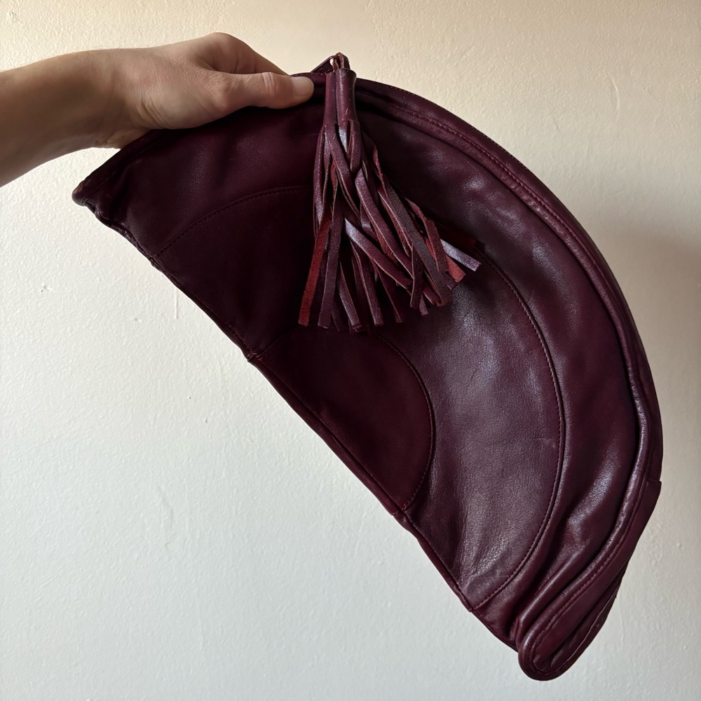 80s Brio Ox Blood Burgundy Half Circle Giant Leather Clutch with Leather Tassel